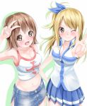  2girls amagami_rukichi blonde_hair brown_eyes brown_hair creator_connection crossover denim_skirt elie fairy_tail groove_adventure_rave long_hair lucy_heartfilia midriff multiple_girls one_eye_closed rave short_hair side_ponytail tank_top v 