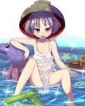  1girl blush bowl flat_chest hat highres inflatable_toy looking_at_viewer minigirl one-piece_swimsuit open_mouth oversized_clothes purple_hair red_eyes shope short_hair sitting solo sukuna_shinmyoumaru swimsuit touhou toy_boat wading_pool water water_gun 