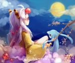  2015 altaria ampharos baozishark branch dated earrings forehead_jewel from_behind horns jewelry long_hair mega_ampharos moon night night_sky personification petals pokemon red_eyes signature sitting sky white_hair 