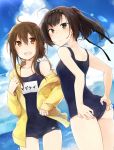  2girls akizuki_(kantai_collection) black_hair blush brown_hair folded_ponytail headband highres inazuma_(kantai_collection) kantai_collection mikoto_kei multiple_girls ponytail school_swimsuit swimsuit 