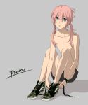  1boy green_eyes grey_background inazuma_eleven_(series) inazuma_eleven_go kirino_ranmaru long_hair male_focus pink_hair shino_(syllable) shirtless shoes shorts simple_background sitting solo twintails tying_shoes watch watch 