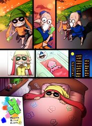  1girl 2boys bath comic highres inkling monster_boy monster_girl moon multiple_boys old_man silent_comic sleeping splatoon tentacle_hair translation_request zzz 