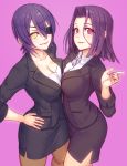  2girls alternate_costume and breast_press breasts brown_legwear cleavage dress_shirt eyepatch formal hair_intakes kantai_collection large_breasts looking_at_viewer mole mole_under_eye multiple_girls no_headwear office_lady pantyhose pencil_skirt purple_background purple_hair shirt short_hair skirt skirt_suit suit symmetrical_docking tatsuta_(kantai_collection) tenryuu_(kantai_collection) violet_eyes yellow_eyes 