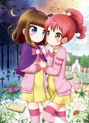  2girls aoba_(kona) bat blue_eyes book brown_hair church crescent_moon flower graveyard hairband hand_on_another&#039;s_cheek hand_on_another&#039;s_face holding_hands kurosu_aroma moon multiple_girls onion pink_legwear pripara redhead shiratama_mikan thigh-highs tree yellow_eyes 