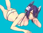  1girl and bikini blue_background breasts butt_crack cleavage eyepatch fang headgear kantai_collection large_breasts looking_at_viewer lying on_back one_leg_raised purple_hair short_hair simple_background swimsuit tenryuu_(kantai_collection) yellow_eyes 