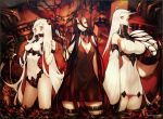  3girls airfield_hime akira_(kadokawa) arm_behind_back bare_shoulders battleship-symbiotic_hime black_dress border bracer breasts claws cleavage covered_navel detached_sleeves dress gauntlets hair_between_eyes hand_in_hair hand_on_own_chest horn horns kadokawa kantai_collection large_breasts leotard long_hair long_sleeves looking_at_viewer machinery molten_rock monster multiple_girls official_art oil oni_horns open_mouth orange_eyes ribbed_dress seaport_hime short_dress sideboob single_gauntlet smile spikes standing thigh_strap turret very_long_hair wading watermark white_dress white_hair white_skin 
