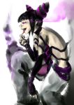  1girl baggy_pants bare_shoulders black_hair bracelet capcom drill_hair halter_top halterneck han_juri highres hone1210 jewelry looking_to_the_side pants solo spiked_bracelet spikes street_fighter street_fighter_iv super_street_fighter_iv tongue tongue_out twin_drills violet_eyes 