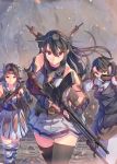  3girls aiming arisaka bare_shoulders black_hair black_legwear bolt_action breasts brown_hair cleavage commentary_request daito elbow_gloves fingerless_gloves gloves gun hairband headband headgear holding_gun jintsuu_(kantai_collection) kantai_collection light_smile long_hair looking_at_viewer machine_gun multiple_girls nachi_(kantai_collection) nagato_(kantai_collection) pantyhose ponytail remodel_(kantai_collection) rifle rising_sun side_ponytail skirt sleeveless sniper_rifle sunburst thigh-highs translation_request type_99_light_machine_gun violet_eyes weapon white_gloves white_legwear world_war_ii 