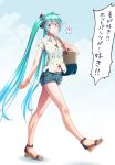  1girl ? aqua_hair bag blue_eyes bracelet full_body hatsune_miku jewelry long_hair navel sandals short_shorts shorts solo spoken_question_mark toenail_polish twintails very_long_hair vocaloid walking wokada 