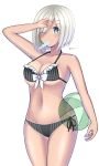  1girl absurdres ball bare_shoulders beachball blue_eyes breasts cowboy_shot dark_skin eating eyes_visible_through_hair front-tie_top hair_ornament hair_over_one_eye hairclip hamakaze_(kantai_collection) highres kantai_collection midriff mizukoshi_(marumi) navel one_eye_closed popsicle short_hair silver_hair skindentation solo swimsuit tan under_boob undersized_clothes 