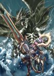 1girl armor blue_eyes bowgun claws dragon forehead_protector gateofrage grey_hair halo highres holding_weapon ice kushala_daora looking_at_another midriff monster_hunter open_mouth sharp_teeth tongue weapon wings zinogre_(armor) 