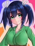  1girl blue_hair blush breasts green_eyes hair_ribbon highres japanese_clothes kantai_collection large_breasts looking_at_viewer mutsura outline ribbon short_hair short_twintails simple_background smile solo souryuu_(kantai_collection) twintails upper_body 
