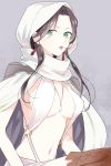  1girl arslan_senki bangs black_hair breasts chigu_(pixiv) cleavage earrings expressionless falangies green_eyes grey_background hood hooded_cloak jewelry lipstick long_hair makeup necklace parted_bangs red_lipstick solo 