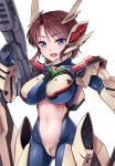  1girl blue_eyes blush breasts brown_hair gun headgear looking_at_viewer macross macross_plus mecha_musume midriff navel open_mouth personification rifle short_hair skin_tight smile solo vuccha weapon white_background yf-19 