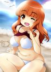  1girl bikini blush breasts brown_eyes brown_hair girls_und_panzer large_breasts long_hair navel niyang53 open_mouth plump short_hair smile solo swimsuit takebe_saori 