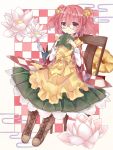  1girl apron bell book boots chair checkered checkered_background cross-laced_footwear egasumi flower glasses hair_bell hair_ornament japanese_clothes lace-up_boots motoori_kosuzu open_book red_eyes redhead shiodome_oji touhou twintails two_side_up 