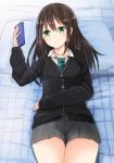  1girl bed brown_hair cardigan cellphone earrings green_eyes idolmaster idolmaster_cinderella_girls jewelry long_hair lying naigou necklace necktie on_back phone pillow pleated_skirt school_uniform shibuya_rin skirt sleeves_past_wrists smartphone solo 