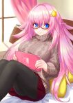  1girl absurdly_long_hair artist_request bed blue_eyes book clothes_lift glasses highres kirby kirby_(series) long_hair long_sleeves nintendo_switch non-web_source pantyhose personification pillow pink_hair red_skirt skirt skirt_lift solo star_(symbol) sweater turtleneck turtleneck_sweater very_long_hair window 