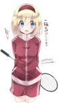  1girl alice_margatroid badminton_racket blonde_hair blue_eyes blush_stickers hairband oinari_(tensaizoku) racket short_hair solo touhou track_jacket track_suit 