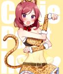  1girl animal_ears arm_warmers bare_shoulders blush fang leopard_ears leopard_print leopard_tail looking_at_viewer love_live!_school_idol_project navel nishikino_maki open_mouth redhead see-through short_hair skirt solo tail violet_eyes yuyupo 