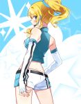 1girl ass ayase_eli back bare_shoulders blonde_hair blue_eyes blush elbow_gloves fingerless_gloves from_behind gloves headset long_hair looking_at_viewer looking_back love_live!_school_idol_project ponytail shorts solo white_gloves yuyupo 