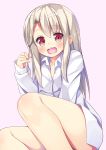  1girl asa_no_ha bare_legs blush fate/stay_night fate_(series) highres illyasviel_von_einzbern legs long_hair naked_shirt pink_background red_eyes shirt simple_background smile solo white_hair 
