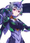  1girl bodysuit breasts covered_navel eva_01 headgear looking_at_viewer mecha_musume neon_genesis_evangelion personification pink_eyes short_hair silver_hair skin_tight smile solo vuccha white_background 