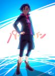  1girl artist_name bike_shorts black_hair chromatic_aberration copyright_name hand_on_hip highres hood iridatsu_yuuta joshua_lee long_sleeves looking_at_viewer punch_line short_hair solo yellow_eyes 