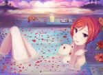  1girl alternate_hairstyle bath bathing blurry breasts depth_of_field floating hair_between_eyes hair_up kalian looking_at_viewer love_live!_school_idol_project lying nishikino_maki on_back open_mouth partially_submerged petals redhead rose_petals short_hair solo violet_eyes 