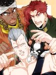  3boys biting_hair black_hair dark_skin dog grey_hair iggy_(jojo) imaru_(yashiro19950425) jean_pierre_polnareff jojo_no_kimyou_na_bouken kakyouin_noriaki mohammed_avdol multiple_boys redhead 