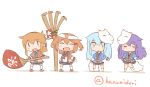  4girls akatsuki_(kantai_collection) blush_stickers brown_hair closed_eyes commentary_request fan fang folded_ponytail fox_mask fox_tail hair_ornament hairclip hanomido headband hibiki_(kantai_collection) ikazuchi_(kantai_collection) inazuma_(kantai_collection) japanese_clothes kantai_collection long_hair mask multiple_girls open_mouth paper_fan purple_hair rake school_uniform serafuku short_hair silver_hair skirt tabi tail twitter_username uchiwa |_| 