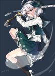  1girl ahoge black_legwear blue_background blue_eyes dated folded_leg heterochromia high_heels katana kneehighs konpaku_youmu konpaku_youmu_(ghost) long_sleeves looking_at_viewer open_clothes open_vest parted_lips red_eyes ribbon shadow shoe_dangle short_hair silver_hair simple_background skirt skirt_set solo sword touhou vest weapon yayoi_(su_misheng) 