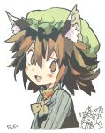  1girl animal_ears blush_stickers brown_eyes brown_hair cat_ears chen fang hat long_sleeves mob_cap morino_hon open_mouth portrait shirt short_hair simple_background smile text touhou vest white_background yakumo_ran 