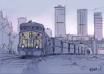  bridge building no_humans original purple railroad_tracks seo_tatsuya sketch sky skyscraper train twitter_username 