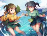  2girls absurdres blue_hair blue_sky blurry blush breasts brown_hair clenched_teeth clouds depth_of_field flight_deck green_eyes hair_ribbon highres hiryuu_(kantai_collection) holding_hands japanese_clothes kantai_collection large_breasts looking_at_another multiple_girls ocean pg_(pgouwoderen) pleated_skirt ribbon short_hair short_twintails skirt sky souryuu_(kantai_collection) splashing standing twintails yugake 