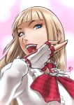  1girl blonde_hair blue_eyes daniel_macgregor emilie_de_rochefort eyelashes eyeshadow fingerless_gloves gloves laughing lili_(tekken) long_hair makeup namco nose ojou-sama_pose open_mouth portrait solo tekken white_gloves 