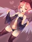  1girl animal_ears ayagi_daifuku bare_shoulders bird_wings blush bow breath brown_legwear chemise dutch_angle fang gradient gradient_background hat heart lingerie looking_at_viewer midriff mystia_lorelei navel open_mouth panties pink_eyes pink_hair see-through short_hair signature smile solo thigh-highs touhou underwear wings 