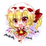  1girl ascot bat blonde_hair bow chibi dress fang flandre_scarlet hat hat_bow mob_cap noai_nioshi open_mouth red_dress red_eyes short_sleeves side_ponytail smile solo standing_on_one_leg touhou wings 