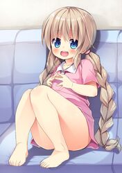  1girl asa_no_ha barefoot blonde_hair blue_eyes braid highres long_hair original solo twin_braids 