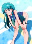  1girl bent_over blue_eyes blue_hair braid breasts go!_princess_precure hands_on_own_knees kaidou_minami long_hair looking_at_viewer one-piece_swimsuit precure ryuuta_(cure_ryuuta) single_braid smile solo swimsuit 