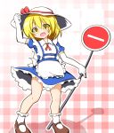  1girl :d adjusting_clothes adjusting_hat blonde_hair blush bobby_socks breasts dress elbow_gloves full_body gloves hat kana_anaberal legs maid mary_janes open_mouth road_sign senba_chidori shoes short_hair sign smile socks solo sun_hat touhou touhou_(pc-98) white_gloves yellow_eyes 