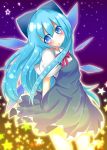  1girl :o arms_behind_back artist_request blue_bow blue_dress blue_eyes blue_hair blush bow cirno collar commentary_request dress gradient gradient_background hair_bow highres ice ice_wings long_hair red_ribbon ribbon shirt short_sleeves sky sparkle star star_(sky) starry_background starry_sky touhou white_shirt wings 
