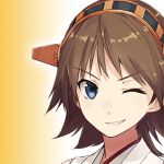  1girl ;) blue_eyes brown_hair gradient gradient_background grin hairband hiei_(kantai_collection) kantai_collection konishi_(koconatu) lowres nontraditional_miko one_eye_closed short_hair smile solo upper_body 