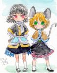  2girls alternate_color animal_ears blonde_hair capelet color_switch green_eyes grey_hair hand_on_hip highres jewelry mary_janes mizuhashi_parsee mouse_ears mouse_tail multiple_girls nazrin pendant piyo_(piyoko528) pointy_ears red_eyes shoes skirt sweatdrop tail touhou traditional_media watercolor_(medium) 