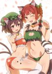  2girls :d ;d alternate_costume animal_ears bell bell_choker bikini black_legwear bobomaster bow braid breasts brown_eyes brown_hair cat_ears cat_tail chen choker cleavage cleavage_cutout extra_ears fang green_bikini hair_bow hat highres jewelry jingle_bell kaenbyou_rin long_hair multiple_girls multiple_tails navel one_eye_closed open_mouth paw_pose paw_print pointy_ears red_bikini red_eyes redhead short_hair side-tie_bikini single_earring small_breasts smile swimsuit tail thigh-highs touhou twin_braids white_legwear 