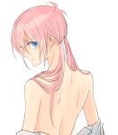  1boy aqua_eyes clothes_down from_behind inazuma_eleven_(series) inazuma_eleven_go kirino_ranmaru long_hair looking_back male_focus pink_hair shino_(syllable) shirt_down simple_background solo twintails upper_body white_background 