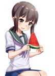  1girl ame. blue_skirt brown_hair food fruit fubuki_(kantai_collection) kantai_collection low_ponytail open_mouth pleated_skirt ponytail school_uniform serafuku short_hair short_sleeves simple_background skirt solo watermelon white_background 