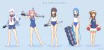  5girls barefoot bike_shorts black_hair blue_eyes blue_hair brown_eyes brown_hair competition_school_swimsuit competition_swimsuit diving_mask_on_head folded_ponytail fubuki_(kantai_collection) green_eyes highres inazuma_(kantai_collection) kantai_collection lifebuoy long_hair multiple_girls mumyoudou murakumo_(kantai_collection) one-piece_swimsuit pink_eyes pink_hair sailor_collar samidare_(kantai_collection) sazanami_(kantai_collection) school_swimsuit shirt short_hair standing swimsuit torpedo twintails 