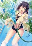  1girl ;d black_hair blush chain-link_fence dutch_angle fence green_eyes hair_bobbles hair_ornament hose jacket off_shoulder one_eye_closed open_mouth outdoors riichu school_swimsuit see-through short_twintails smile solo swimsuit twintails water wet 