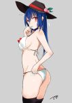 1girl adapted_costume bikini blue_hair blush breasts food from_side fruit hat highres hinanawi_tenshi long_hair peach red_eyes sideboob solo swimsuit tetsurou_(fe+) thigh-highs touhou 